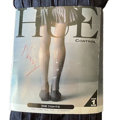1 Pair HUE Navy Blue Rib Control Top Tights Size 1 - Vintage New